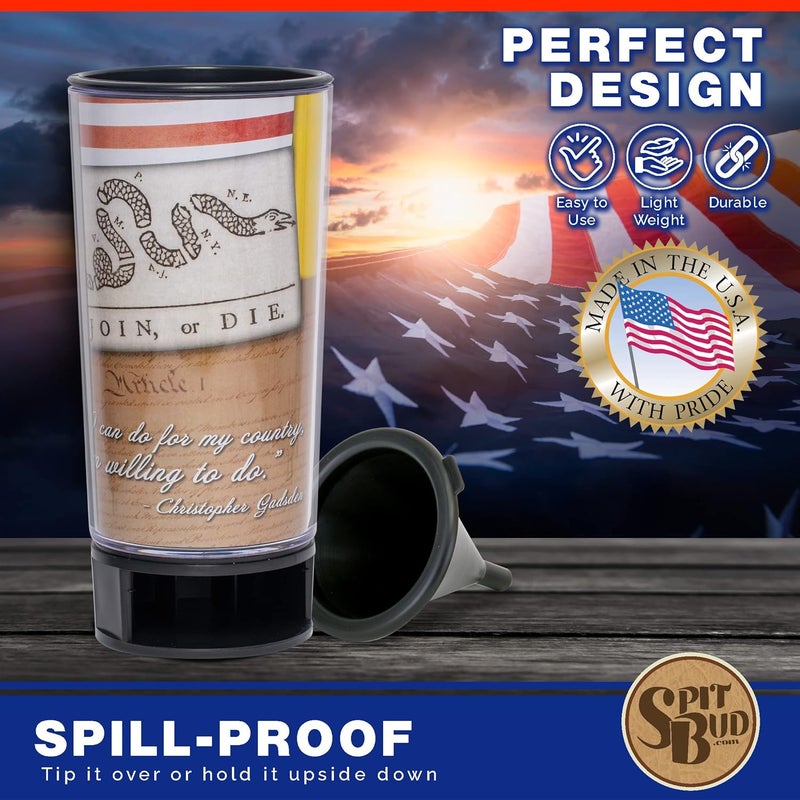 Spit Bud Join or Die The Ultimate Spittoon for Chew - Portable Dip & Snuff Cup with Lid, Pop Tab, Spill-Proof Funnel, Can Cutter & Holder - Fit in Cup Holders - Holds 8oz - Made in USA - Image 5